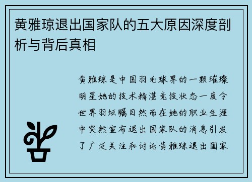 黄雅琼退出国家队的五大原因深度剖析与背后真相 黄雅琼退出国家队的五大原因深度剖析与背后真相